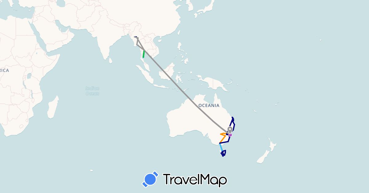 TravelMap itinerary: driving, bus, plane, train, boat, hitchhiking in Australia, Myanmar (Burma), Thailand (Asia, Oceania)